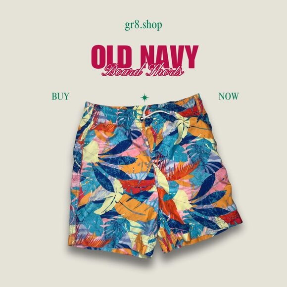 Old Navy Tropical Print Boys Board Shorts Size L (10-12) Elastic Waist With Draw - Picture 1 of 4